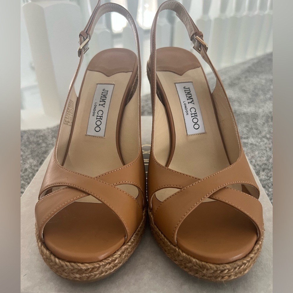 Jimmy Choo Carmel Brown Leather Wedge Sandals - Picture 5 of 13